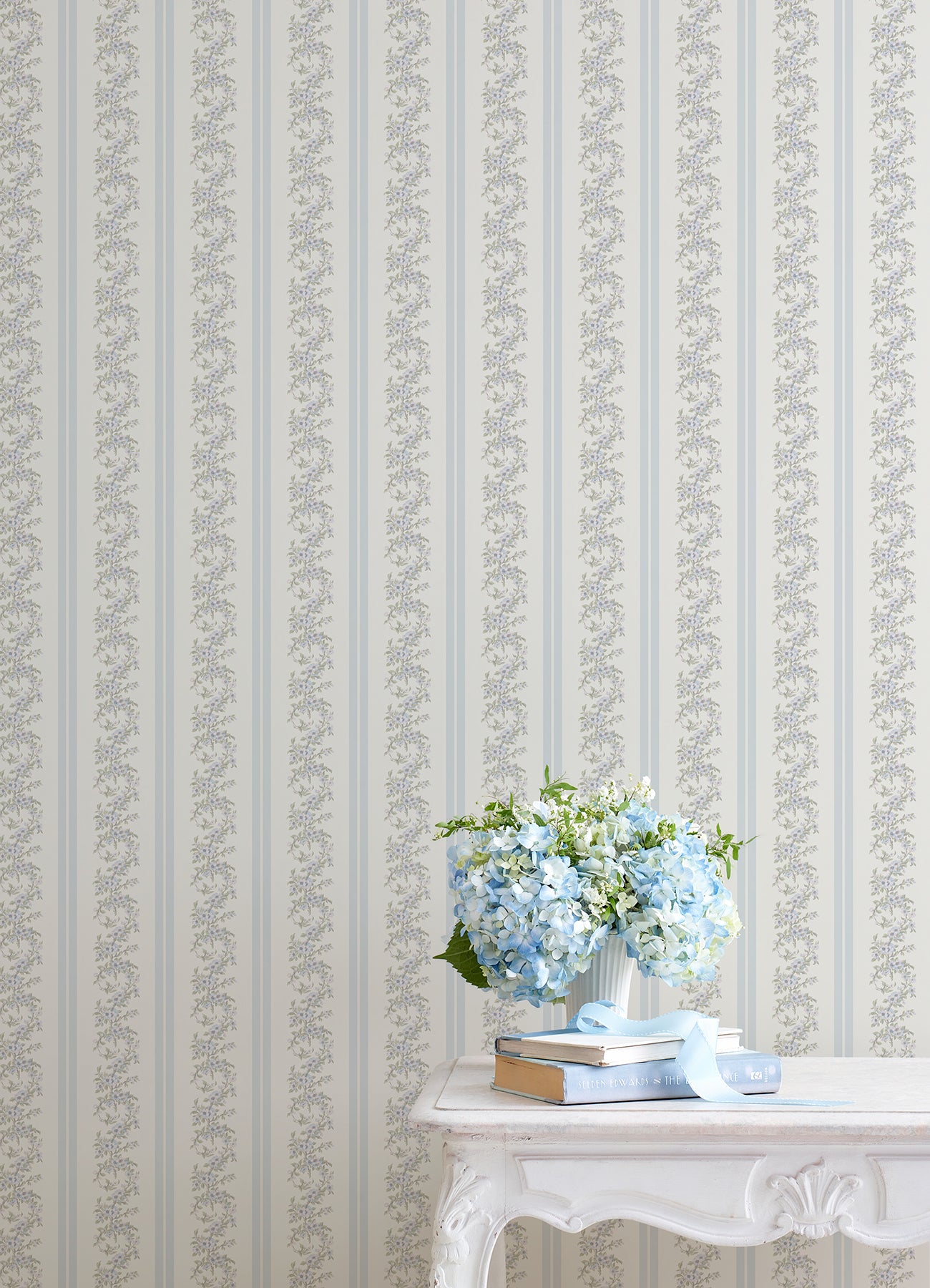 Marigold Wreath Baby Blue Rush Floral Stripe Wallpaper - Brewster Wallcovering