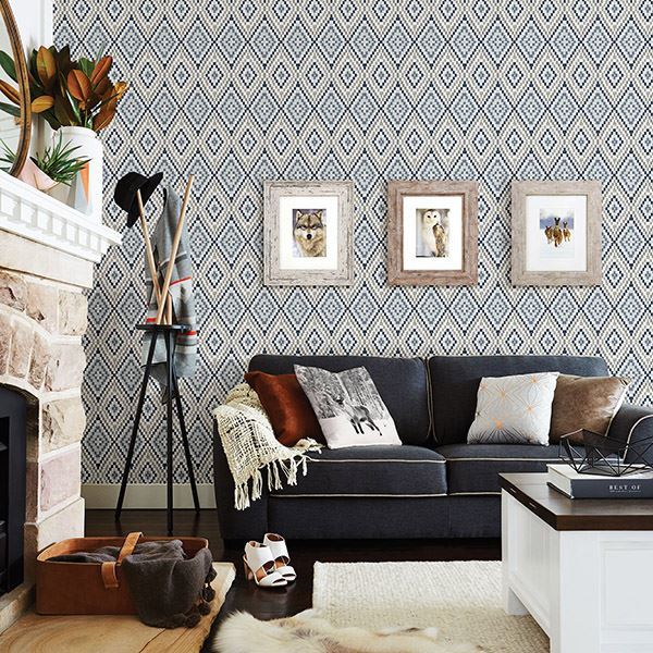 Ganado Navy Geometric Ikat Wallpaper - Brewster Wallcovering