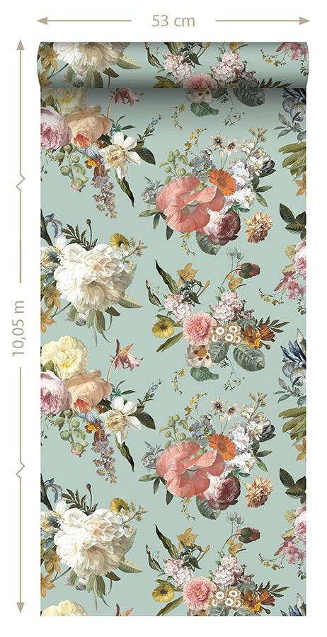 Antonia Aqua Vintage Bouquet Wallpaper - Brewster Wallcovering