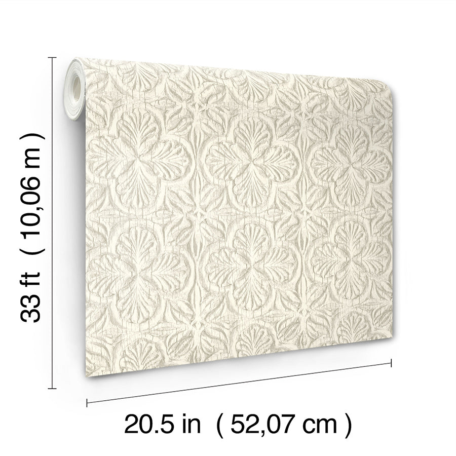 Karachi White Wooden Damask Wallpaper - Brewster Wallcovering