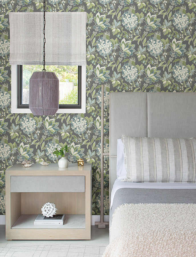 Valdivian Aqua Floral Wallpaper - Brewster Wallcovering