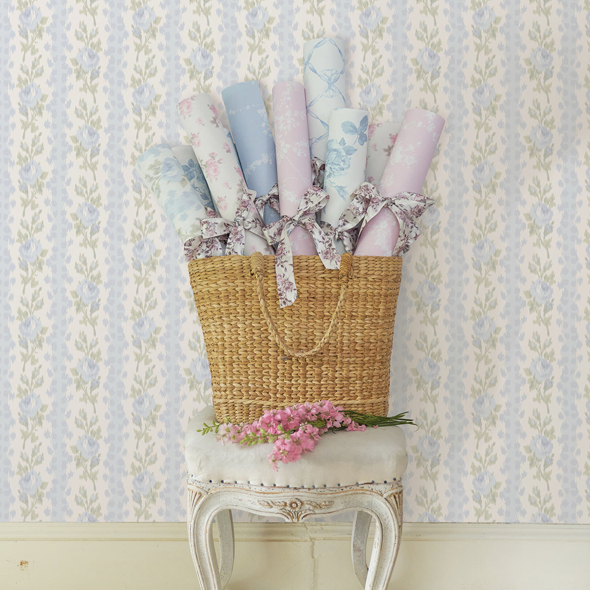 Blooming Heirloom Light Blue Rose Stripe Wallpaper - Brewster Wallcovering