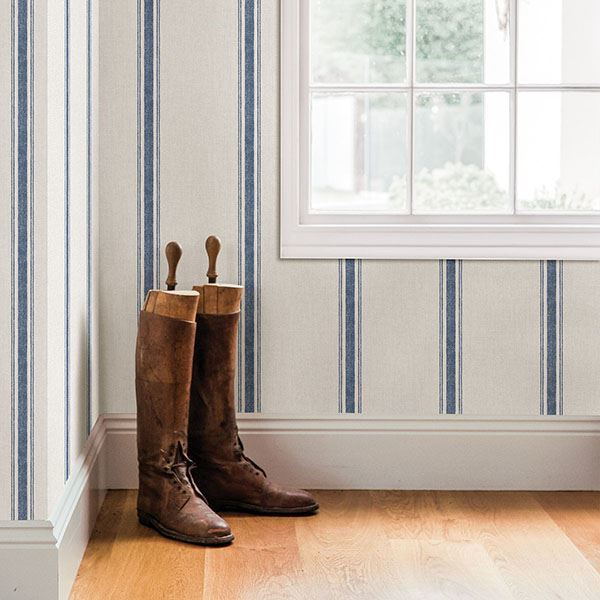 Linette Blue Fabric Stripe Wallpaper - Brewster Wallcovering