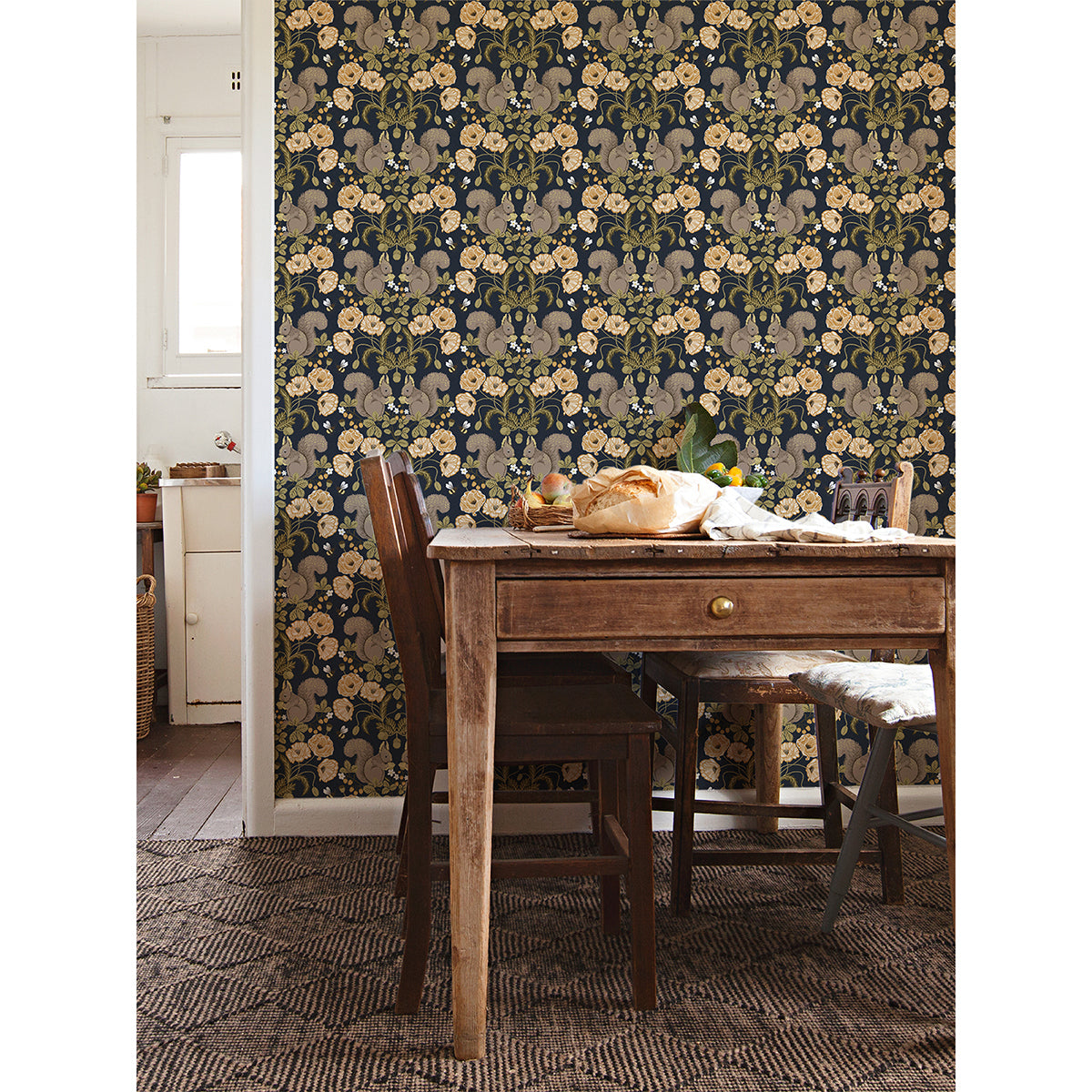 Kurre Dark Blue Woodland Damask Wallpaper - Brewster Wallcovering