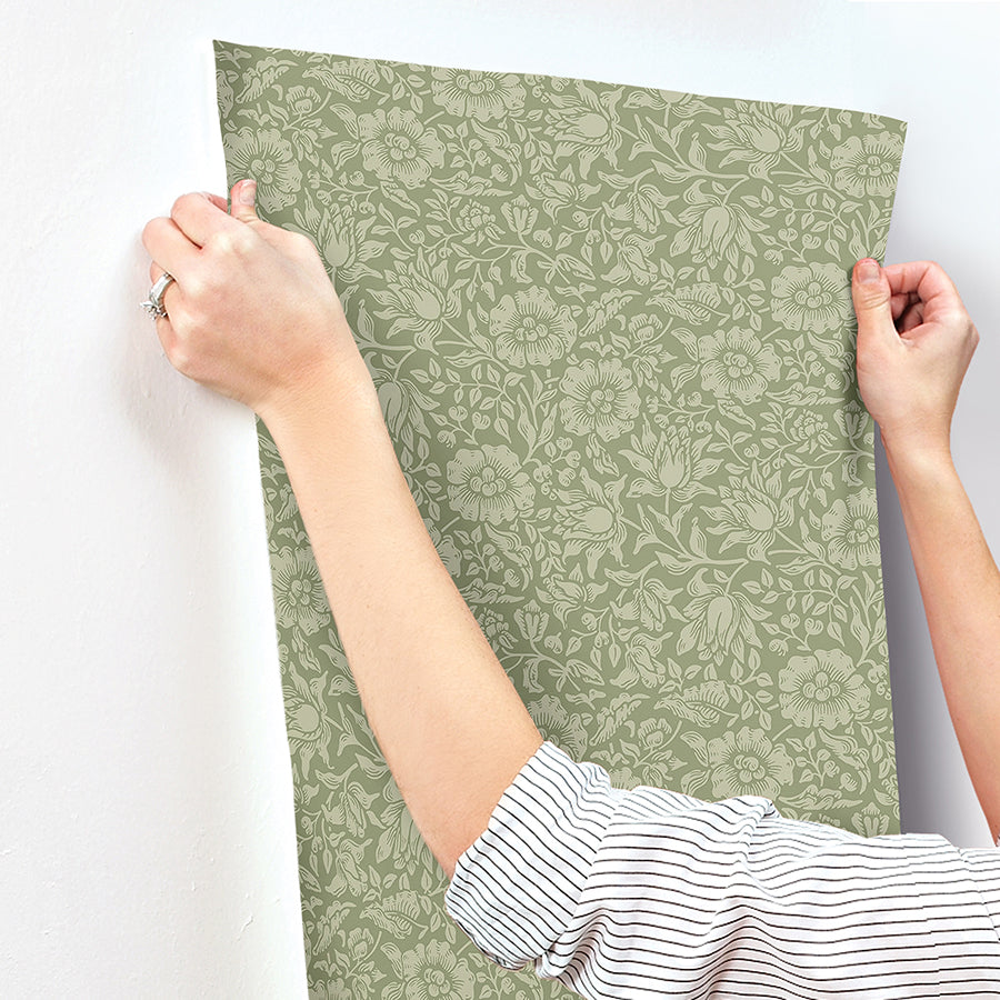 Mallow Green Floral Vine Wallpaper - Brewster Wallcovering