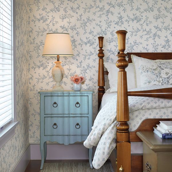 French Nightingale Blue Floral Scroll Wallpaper - Brewster Wallcovering