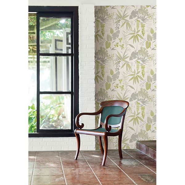 Descano Flower Golden Green Botanical - Brewster Wallcovering