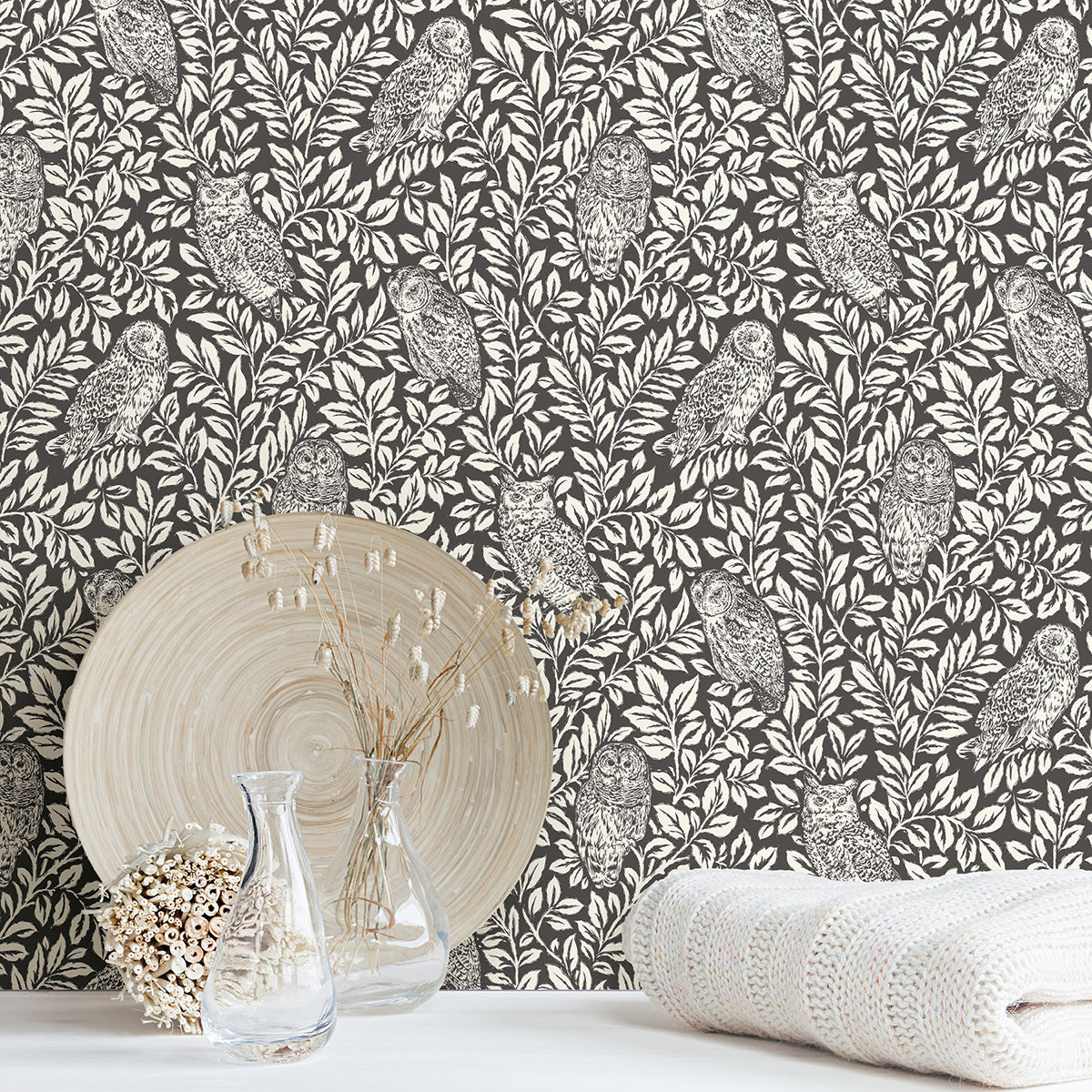 Charcoal Sleepy Owls Peel and Stick Wallpaper - Brewster Wallcovering