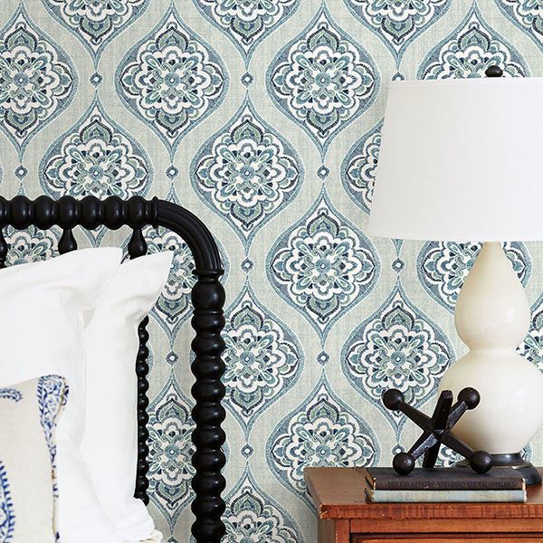 Adele Aqua Damask Wallpaper - Brewster Wallcovering