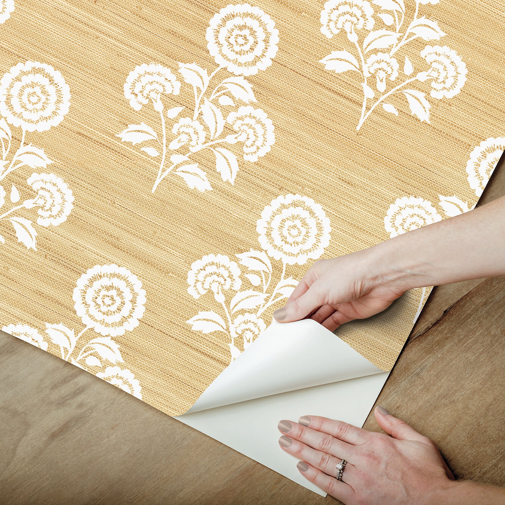 Flourish Block Print Wheat Faux Grasscloth Peel and Stick Wallpaper - Brewster Wallcovering