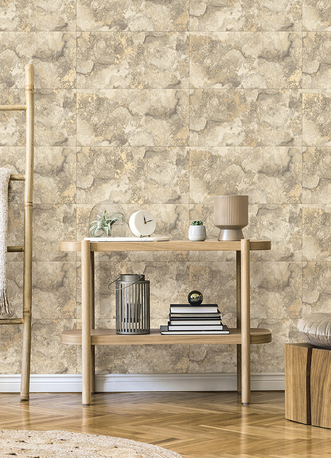 Aria Neutral Marbled Tile Wallpaper - Brewster Wallcovering