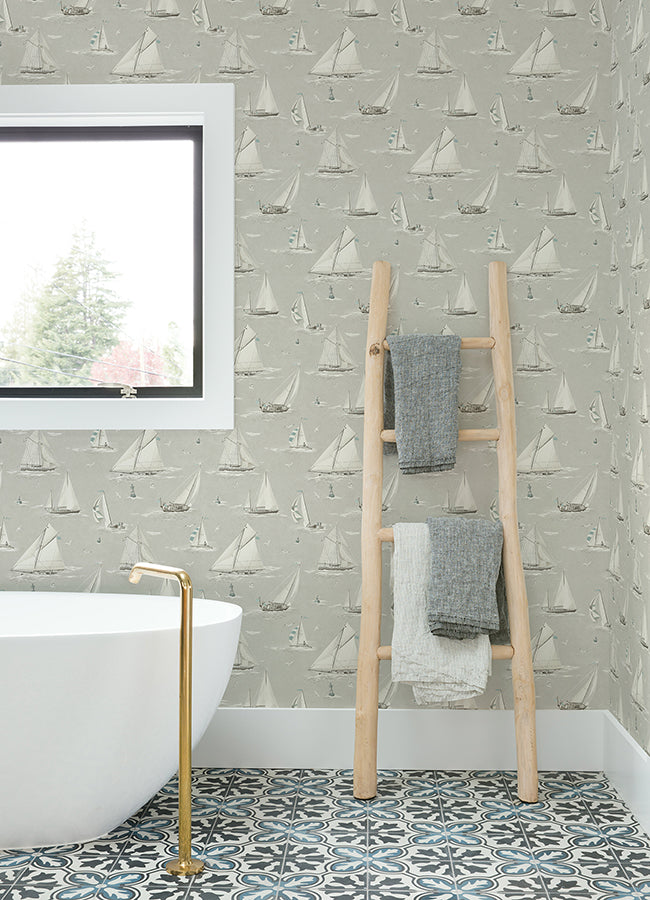 Leeward Light Grey Sailboat Wallpaper - Brewster Wallcovering