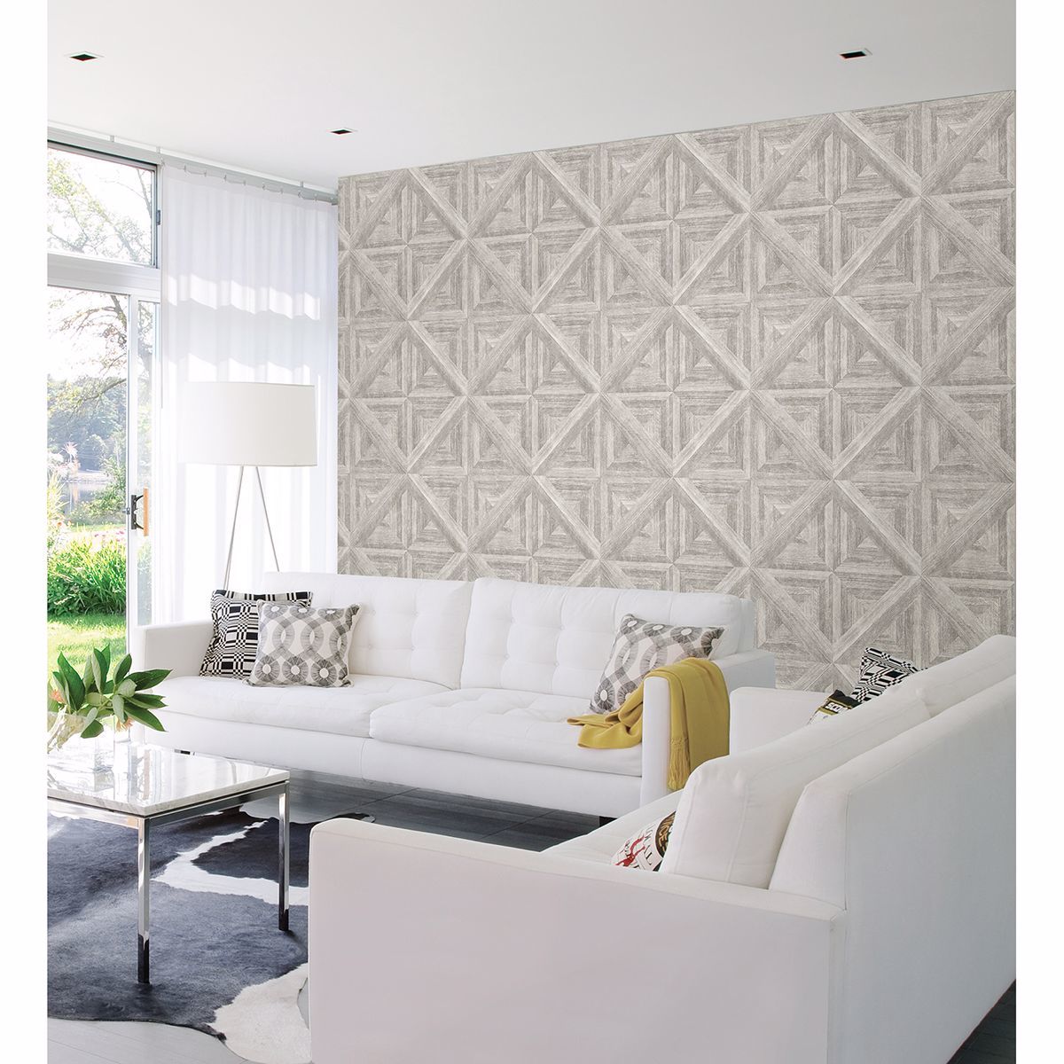 Carriage House White Geometric Wood Wallpaper - Brewster Wallcovering