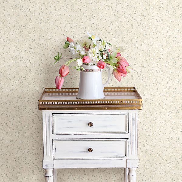 Eleanor Light Grey Folk Botanical Trail Wallpaper - Brewster Wallcovering