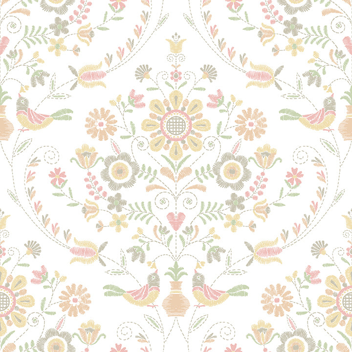 Picture of Britt Peach Embroidered Damask Wallpaper