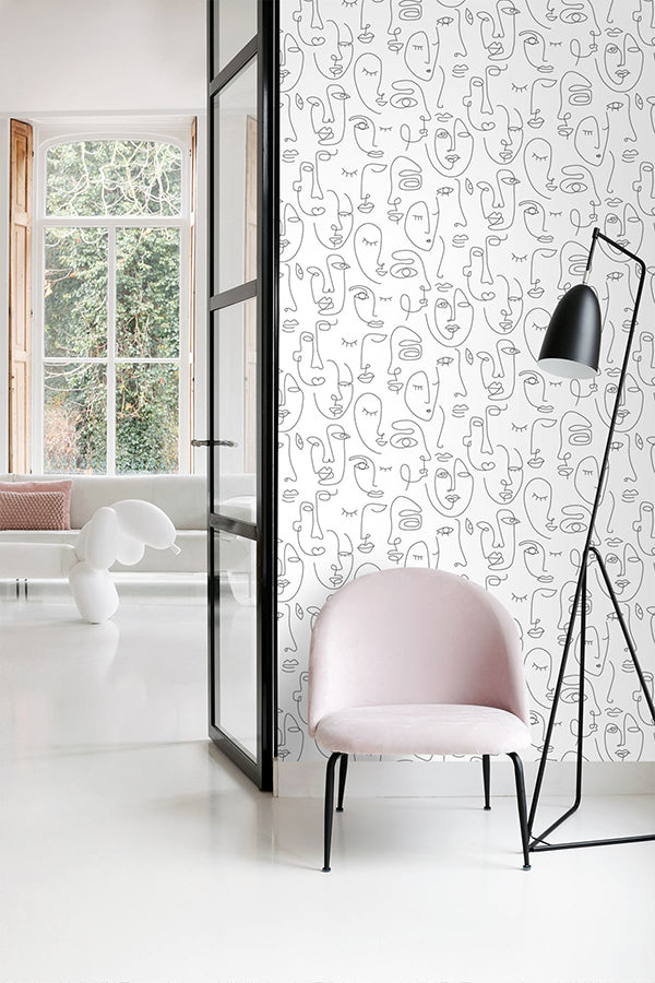 Sharona White Line Art Faces Wallpaper - Brewster Wallcovering