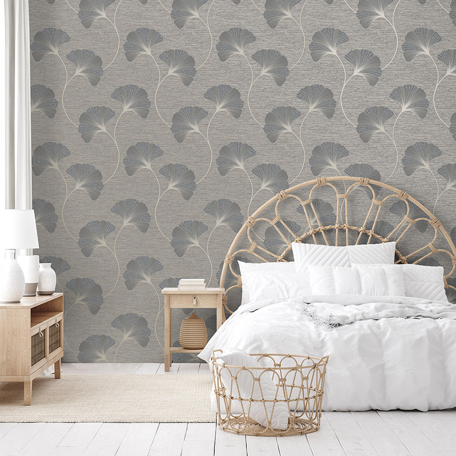 Miya Grey Ginkgo Wallpaper - Brewster Wallcovering