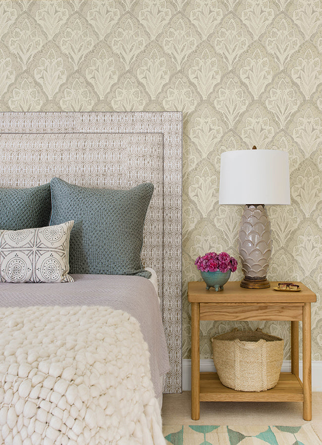 Mimir Dove Quilted Damask Wallpaper - Brewster Wallcovering