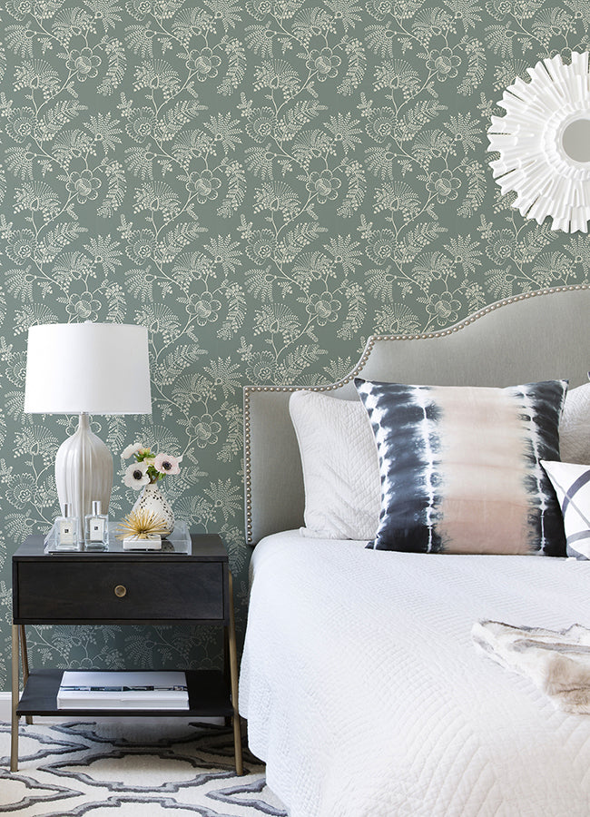 Maeve Sea Green Jacobean Trail Wallpaper - Brewster Wallcovering