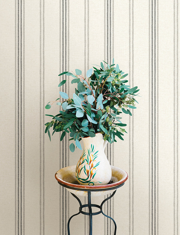 Lovage Charcoal Linen Stripe Wallpaper - Brewster Wallcovering