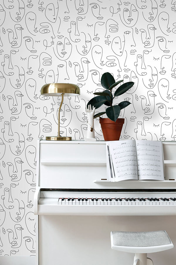 Sharona White Line Art Faces Wallpaper - Brewster Wallcovering