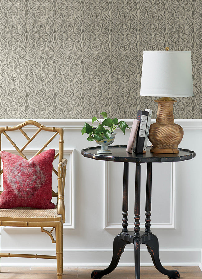 Karachi Taupe Wooden Damask Wallpaper - Brewster Wallcovering