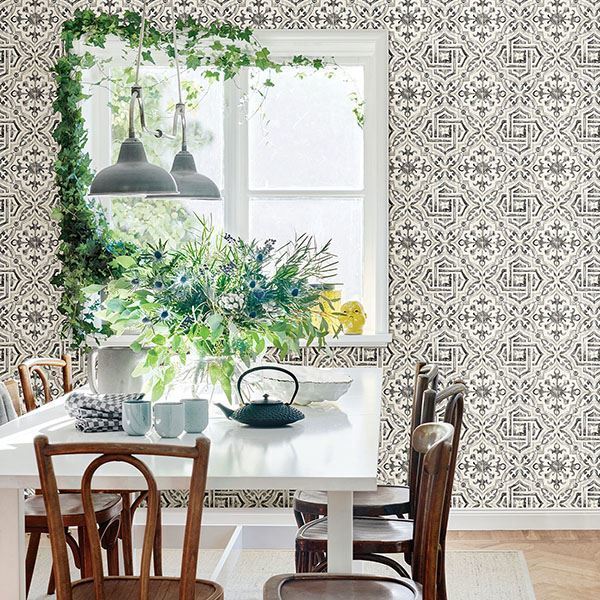 Sonoma Black Spanish Tile Wallpaper - Brewster Wallcovering