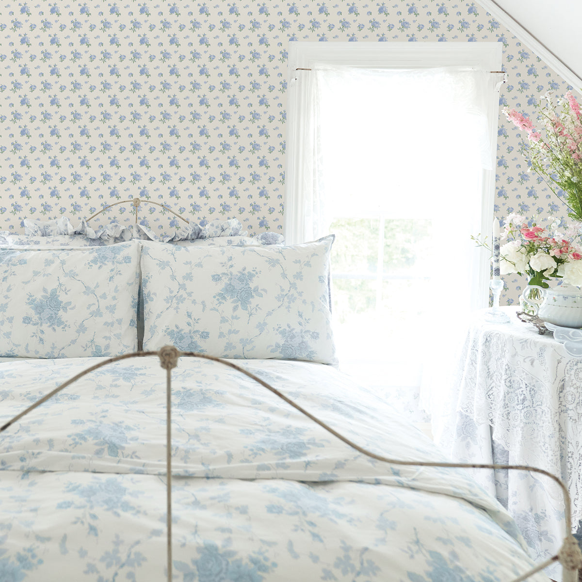 Ikat Rose Blue Small Print Wallpaper - Brewster Wallcovering