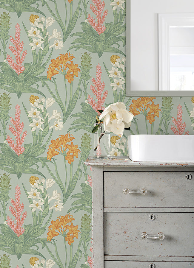 Jade & Pink Blooming Villa Peel and Stick Wallpaper - Brewster Wallcovering