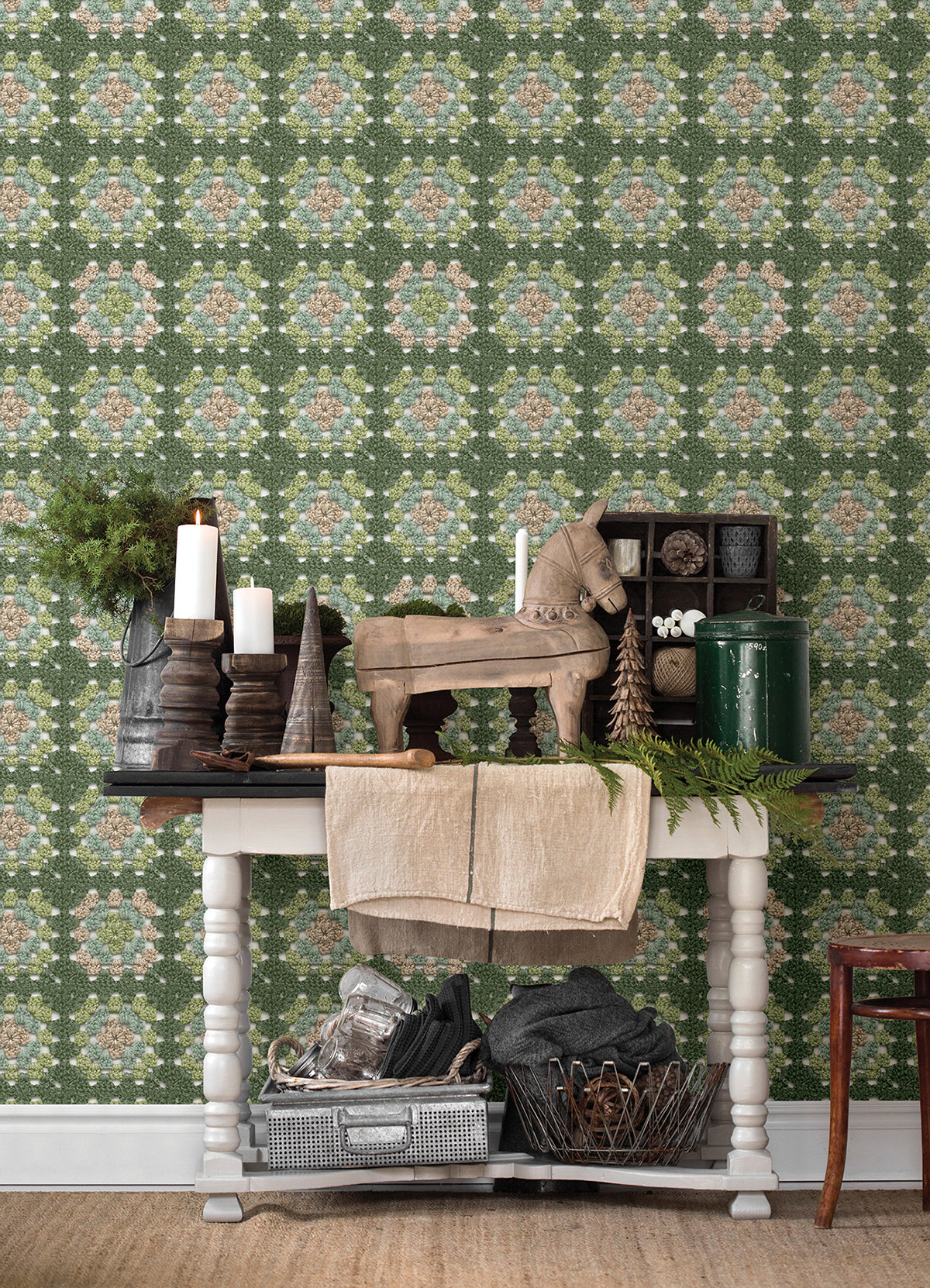 Maud Green Crochet Geometric Wallpaper - Brewster Wallcovering