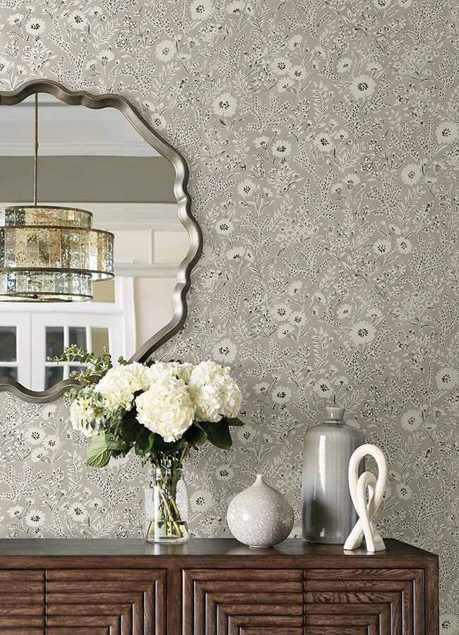 Agathon Taupe Floral Wallpaper - Brewster Wallcovering