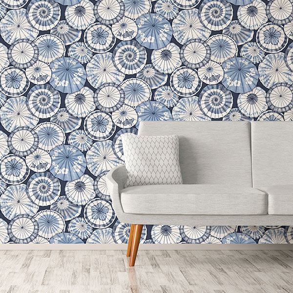 Mikado Blue Parasol Wallpaper - Brewster Wallcovering