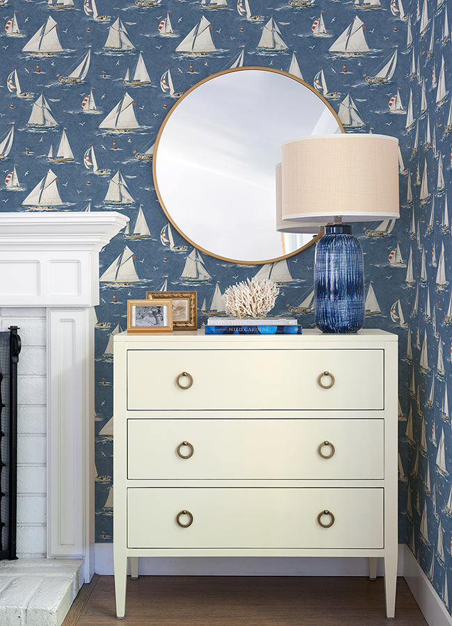 Leeward Navy Sailboat Wallpaper - Brewster Wallcovering