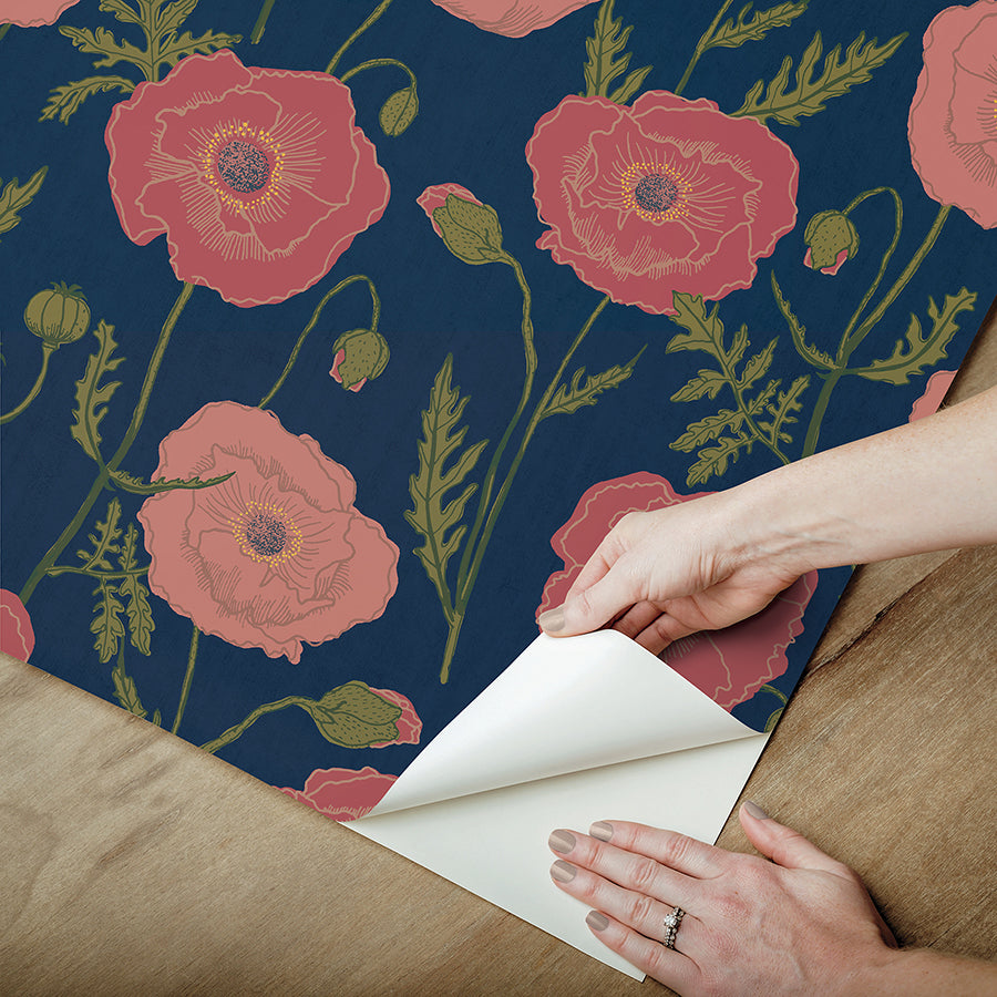 Navy Pink Poppy Field Peel and Stick Wallpaper - Brewster Wallcovering