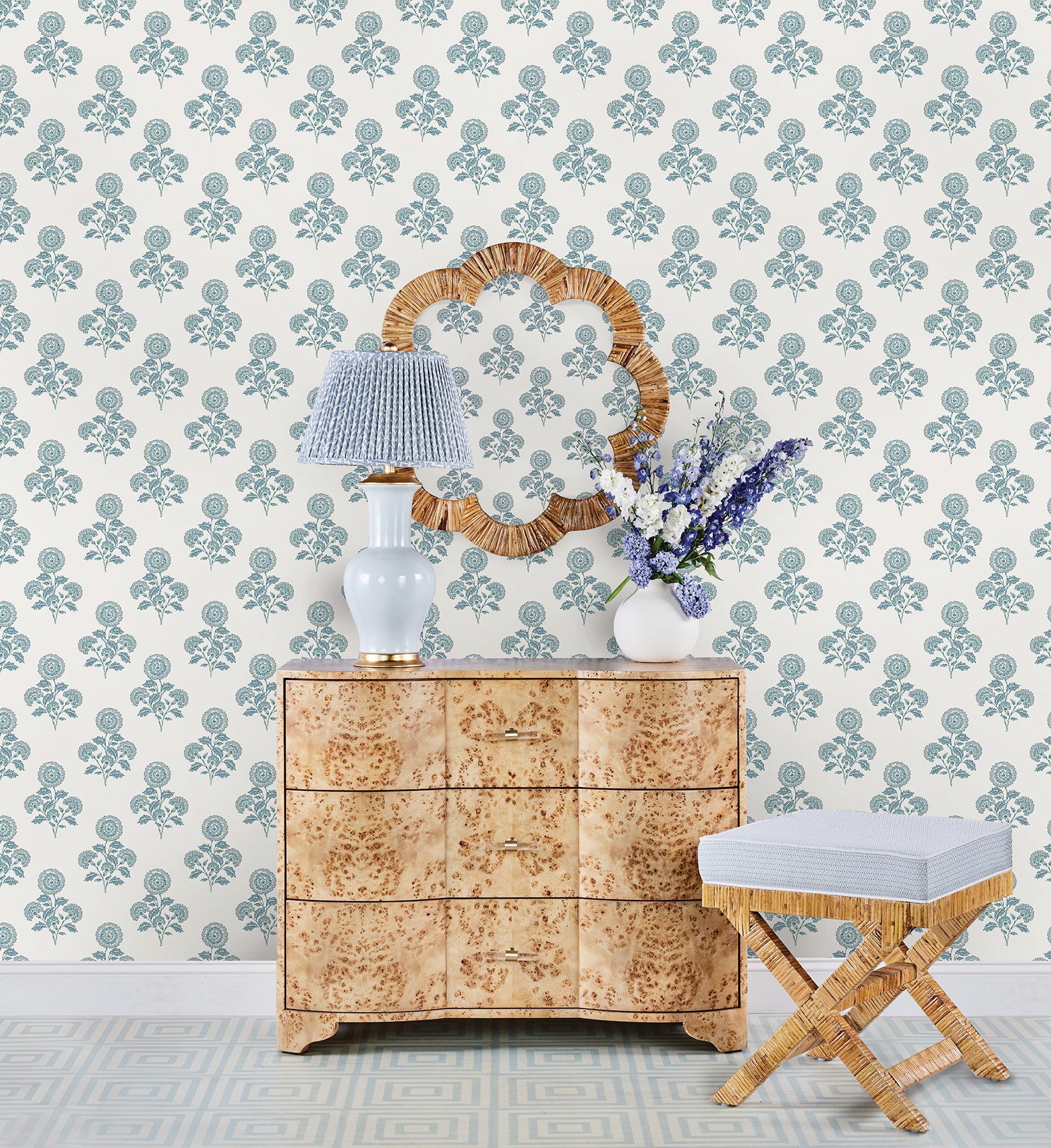 Flourish Block Print Blue on Blue Peel and Stick Wallpaper - Brewster Wallcovering