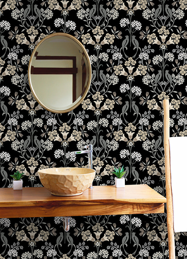 Black & Neutral Meadow Song Peel and Stick Wallpaper - Brewster Wallcovering