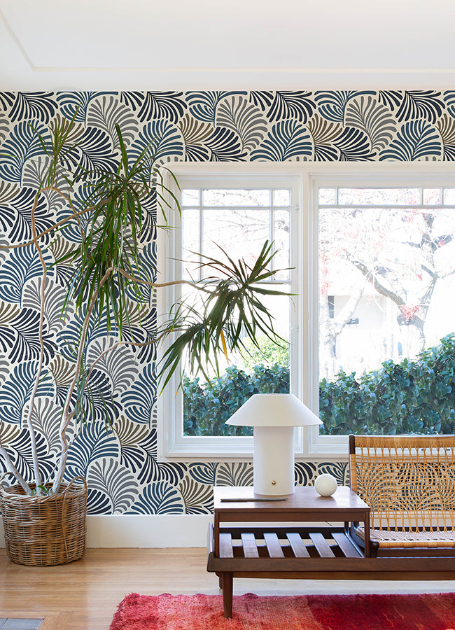 Trousdale Dark Blue Fanning Flora Wallpaper by Scott Living - Brewster Wallcovering