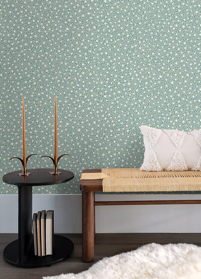 Marguerite Sea Green Floral Wallpaper - Brewster Wallcovering