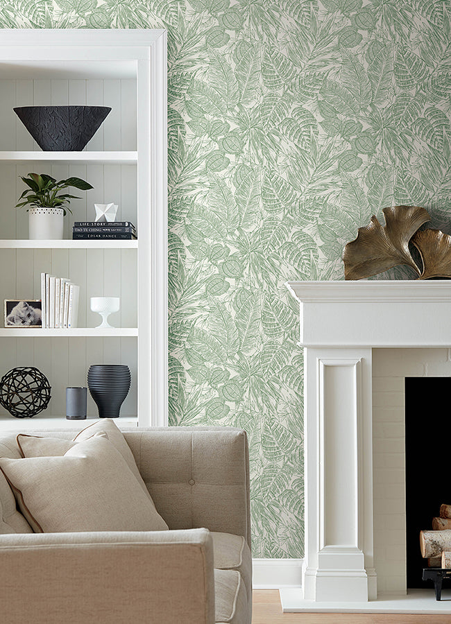 Brentwood Green Palm Leaves Wallpaper by Scott Living - Brewster Wallcovering