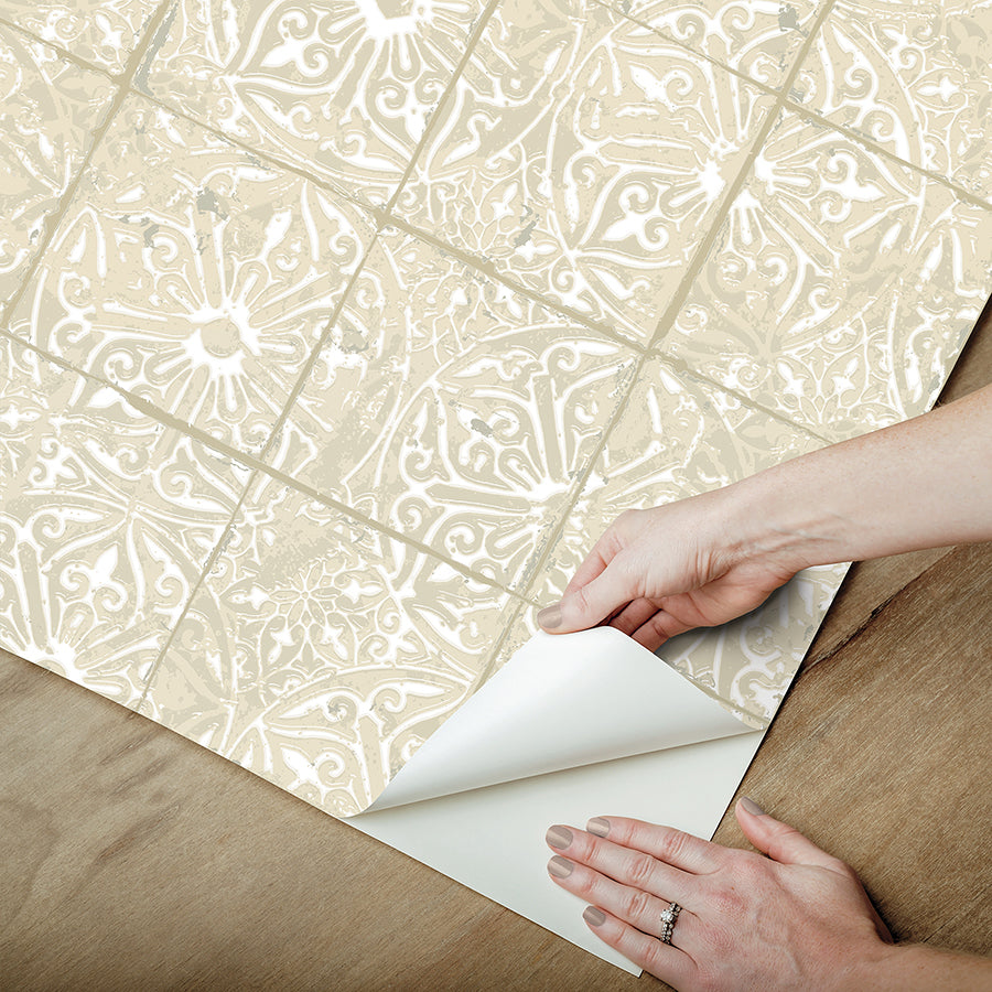 Cream Provincial Tile Peel and Stick Wallpaper - Brewster Wallcovering