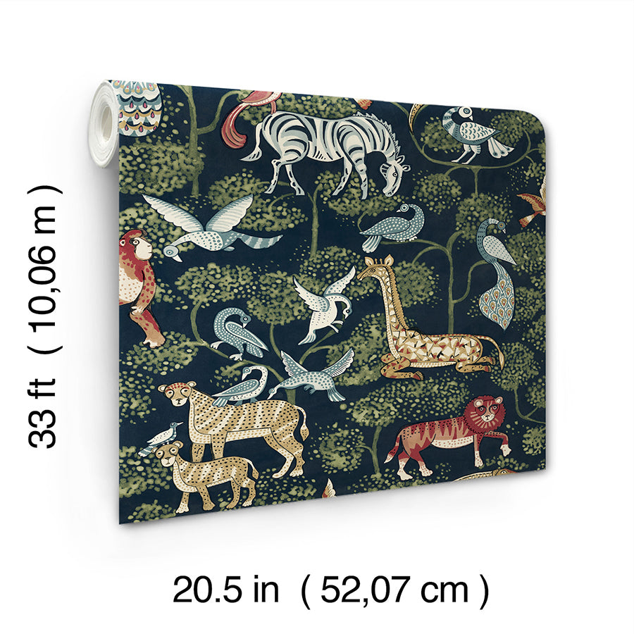 Rigby Navy Jungle Animals Wallpaper - Brewster Wallcovering