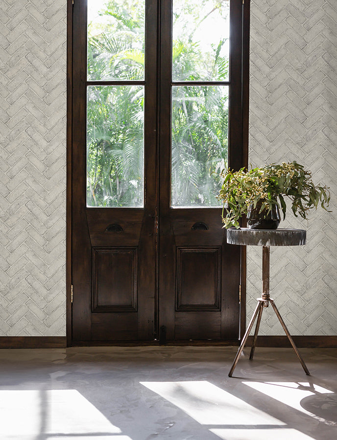 Canelle White Brick Herringbone Wallpaper - Brewster Wallcovering