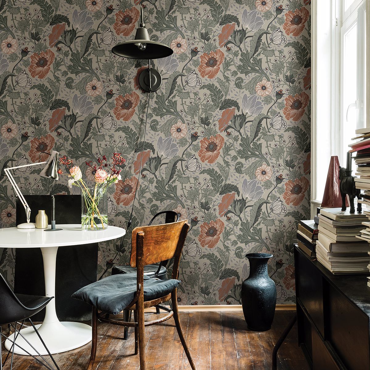 Anemone Grey Floral Wallpaper - Brewster Wallcovering