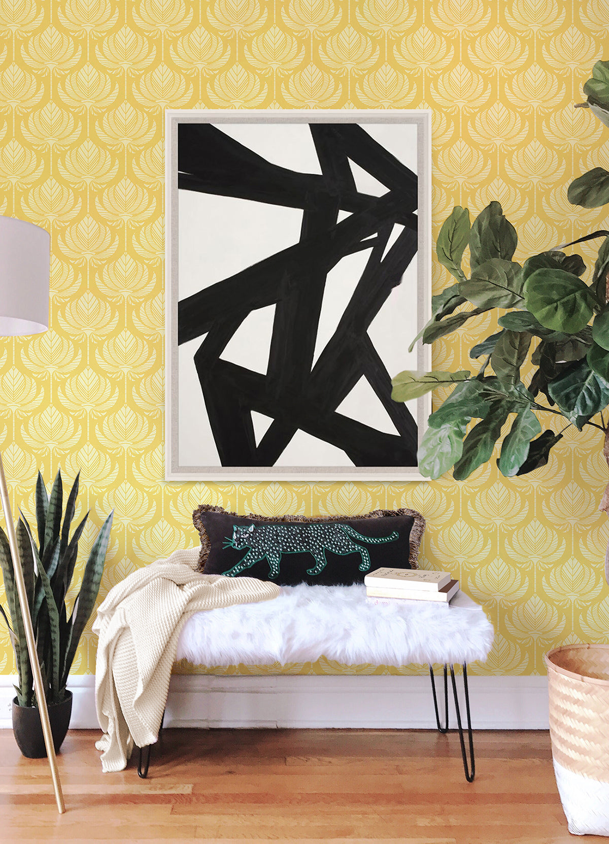 Palmier Yellow Lotus Fan Wallpaper - Brewster Wallcovering