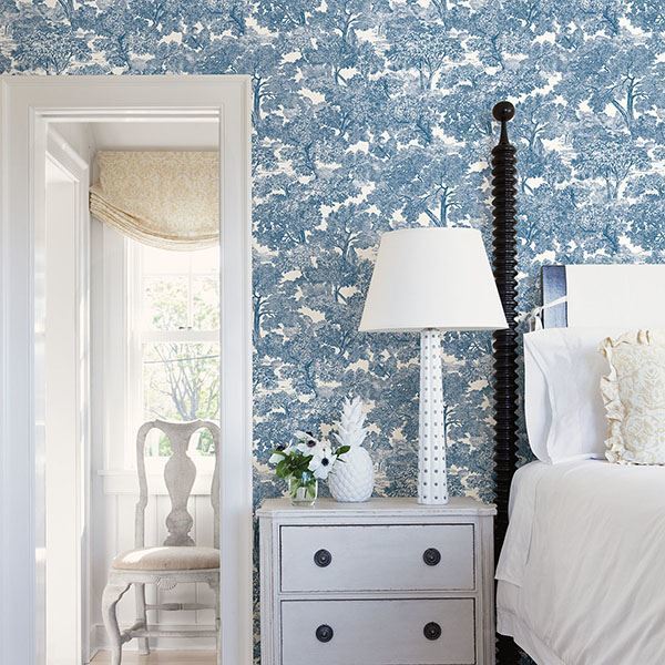 Spinney Blue Toile Wallpaper - Brewster Wallcovering