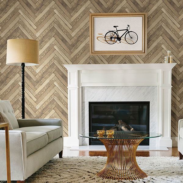 Altadena Light Brown Diagonal Wood Wallpaper - Brewster Wallcovering