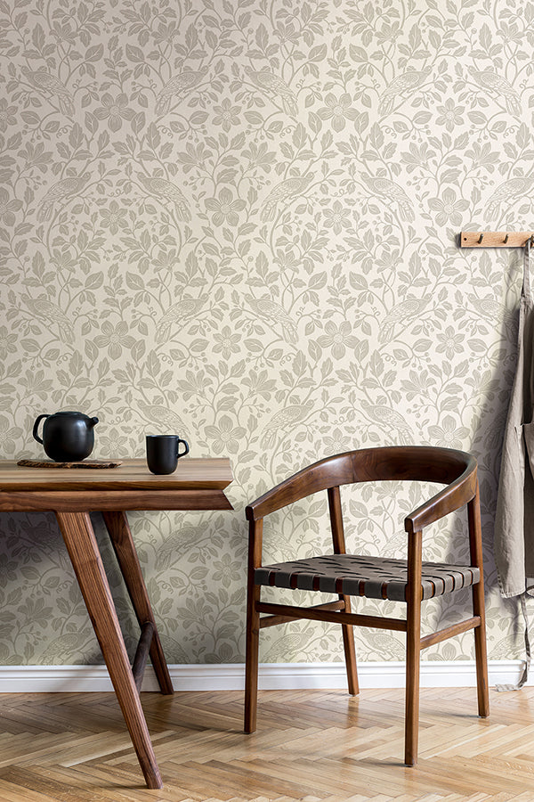 Marlow Bone Bird Vine Wallpaper - Brewster Wallcovering