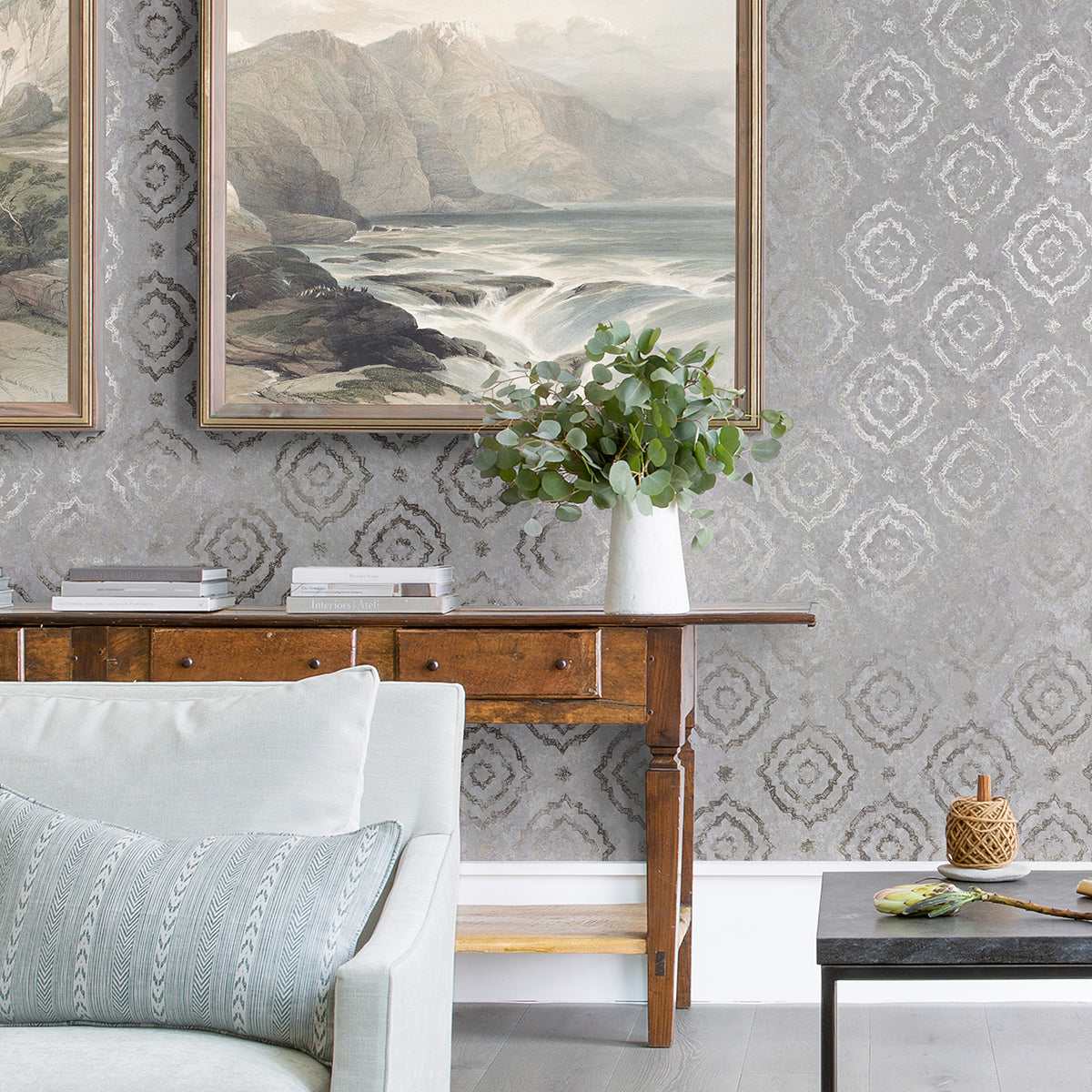 Uma Silver Star Medallion Wallpaper - Brewster Wallcovering