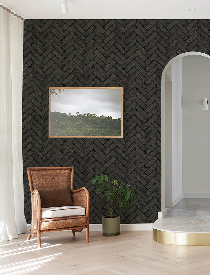 Canelle Black Brick Herringbone Wallpaper - Brewster Wallcovering