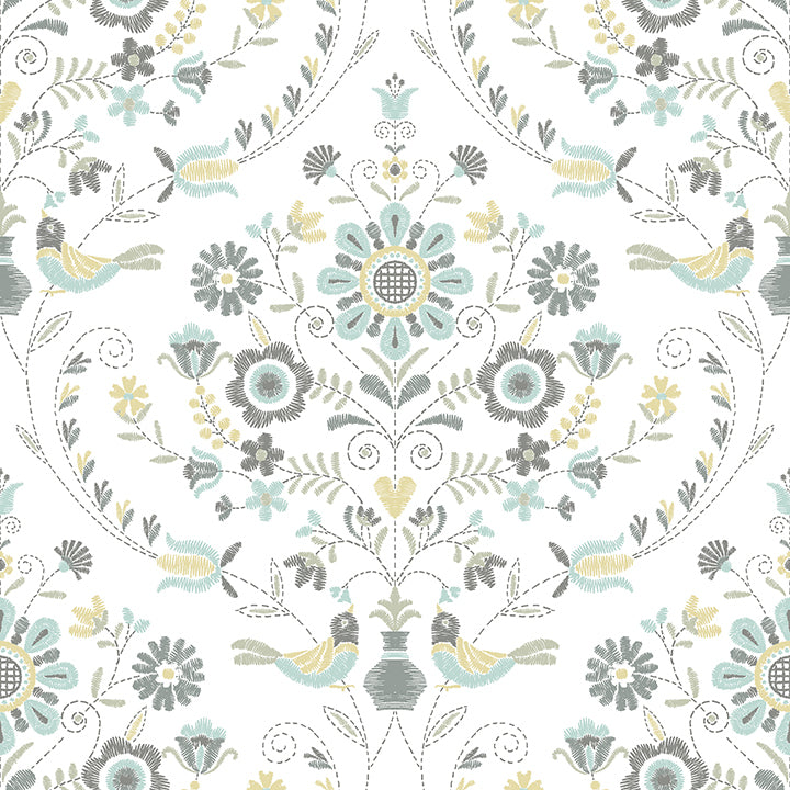 Picture of Britt Sea Green Embroidered Damask Wallpaper